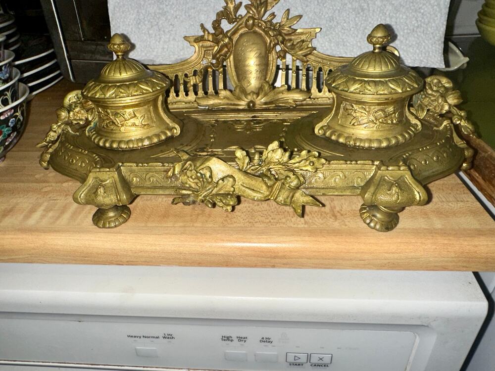 ANTIQUE 19TH CENTURY FRENCH BRASS DOUBLE INKWELL WITH GERMAN INSCRIPTION
